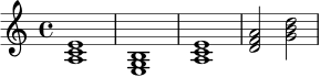 \relative c' {
\key a \minor
\time 4/4
<a c e>1 |
<e g b>1 |
<a c e>1 |
<d f a>2 <g b d>2 |
}