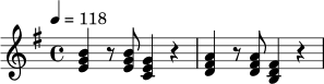 \relative c' {
\key e \minor
\time 4/4
\tempo 4 = 118
<e g b>4 r8 <e g b> <c e g>4 r |
<d fis a>4 r8 <d fis a> <b d fis>4 r |
}