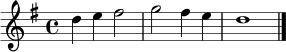 
\relative c'' {
  \key g \major
  \time 4/4
  d4 e fis2 | g2 fis4 e | d1 \bar "|."
}
