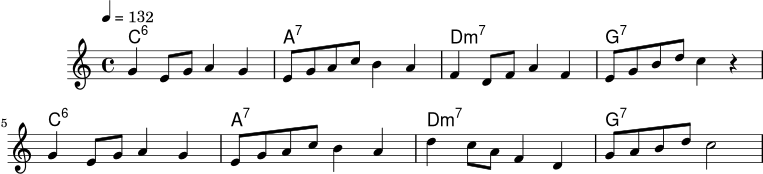 \version "2.20.0"
\score {
<<
\new ChordNames {
\chordmode { c1:6 a1:7 d1:m7 g1:7 c1:6 a1:7 d1:m7 g1:7 }
}
\new Staff \relative c'' {
\set Staff.midiInstrument = "trumpet"
\clef treble
\key c \major
\time 4/4
\tempo 4 = 132
g4 e8 g a4 g | e8 g a c b4 a |
f4 d8 f a4 f | e8 g b d c4 r |
g4 e8 g a4 g | e8 g a c b4 a |
d4 c8 a f4 d | g8 a b d c2 |
}
>>
\layout { }
\midi { }
}