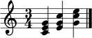\relative c' { \clef treble \time 3/4 <c e g>4 <e g c>4 <g c e>4 \bar "|." }