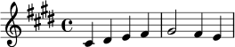 \relative c' {
\key cis \minor
\time 4/4
cis4 dis e fis | gis2 fis4 e |
}