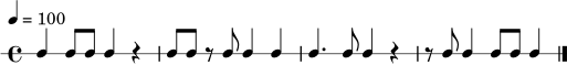 \new RhythmicStaff {
\time 4/4
\tempo 4 = 100
c4 c8 c8 c4 r4 |
c8 c8 r8 c8 c4 c4 |
c4. c8 c4 r4 |
r8 c8 c4 c8 c8 c4 \bar "|."
}