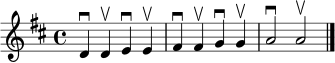 \relative c' { \time 4/4 \key d \major \set Staff.midiInstrument = "violin" d4\downbow d\upbow e\downbow e\upbow | fis4\downbow fis\upbow g\downbow g\upbow | a2\downbow a\upbow \bar "|." }