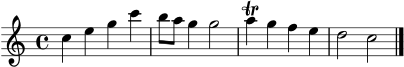 
\score {
  \new Staff \relative c'' {
    \clef treble
    \key c \major
    \time 4/4
    c4 e g c | b8 a g4 g2 | a4\trill g f e | d2 c \bar "|."
  }
  \layout { }
  \midi { \tempo 4 = 86 }
}
