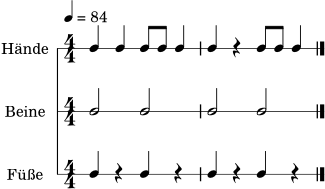 \version "2.22.0"
\header { tagline = "" }
\score {
<<
\new RhythmicStaff \with { instrumentName = "Hände" } {
\numericTimeSignature
\time 4/4
\tempo 4 = 84
c4 c4 c8 c8 c4 | c4 r4 c8 c8 c4 \bar "|."
}
\new RhythmicStaff \with { instrumentName = "Beine" } {
\numericTimeSignature
\time 4/4
c2 c2 | c2 c2 \bar "|."
}
\new RhythmicStaff \with { instrumentName = "Füße" } {
\numericTimeSignature
\time 4/4
c4 r4 c4 r4 | c4 r4 c4 r4 \bar "|."
}
>>
\layout { }
\midi { }
}