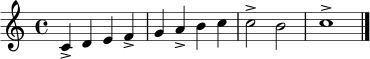 \relative c' {
\clef treble
\time 4/4
\key c \major
c4-> d e f-> | g4 a-> b c | c2-> b | c1-> \bar "|."
}