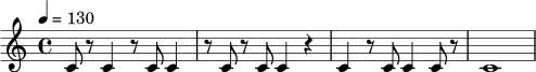 \relative c' {
\time 4/4
\tempo 4 = 130
c8 r8 c4 r8 c8 c4 | r8 c8 r8 c8 c4 r4 | c4 r8 c8 c4 c8 r8 | c1
}