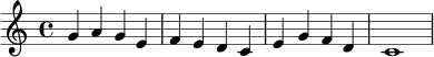 \relative c'' {
\key c \major
\time 4/4
g4 a g e |
f4 e d c |
e4 g f d |
c1 |
}