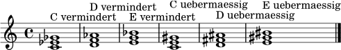 \relative c' { \time 4/4 <c ees ges>1^\markup { "C vermindert" } <d f aes>1^\markup { "D vermindert" } <e g bes>1^\markup { "E vermindert" } <c e gis>1^\markup { "C uebermaessig" } <d fis ais>1^\markup { "D uebermaessig" } <e gis bis>1^\markup { "E uebermaessig" } \bar "|." }