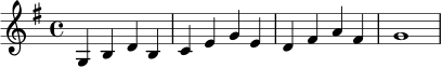 \relative c' {
\key g \major
\time 4/4
g4 b d b |
c4 e g e |
d4 fis a fis |
g1
}