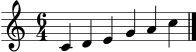 \version "2.22.0"
\language "deutsch"
\header { tagline = "" }
\score {
\new Staff \relative c' {
\clef treble
\time 6/4
c4 d e g a c
\bar "|."
}
\layout { }
\midi { \tempo 4 = 86 }
}