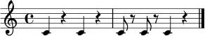 \version "2.22.0"
\paper { indent = 0 }
\score {
\new Staff {
\time 4/4
c'4 r4 c'4 r4 |
c'8 r8 c'8 r8 c'4 r4 |
\bar "|."
}
\layout { }
\midi { \tempo 4 = 82 }
}
