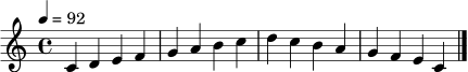 \relative c' {
\clef treble
\key c \major
\time 4/4
\tempo 4 = 92
c4 d e f | g a b c | d c b a | g f e c \bar "|."
}