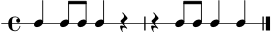 
\version "2.22.0"
\score {
  \new RhythmicStaff {
    \time 4/4
    c4 c8 c8 c4 r4 | r4 c8 c8 c4 c4 \bar "|."
  }
  \layout { }
  \midi { \tempo 4 = 92 }
}
