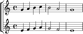 \new ChoirStaff <<
\new Staff \relative c'' {
\time 4/4
g4 a b c | b2 a | g1
}
\new Staff \relative c' {
e4 f g a | g2 f | e1
}
>>