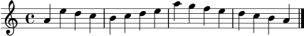 \score {
\new Staff {
\clef treble
\key a \minor
\time 4/4
a'4 e'' d'' c'' b'4 c'' d'' e'' a''4 g'' f'' e'' d''4 c'' b' a' \bar "|."
}
\layout { }
\midi { \tempo 4 = 80 }
}