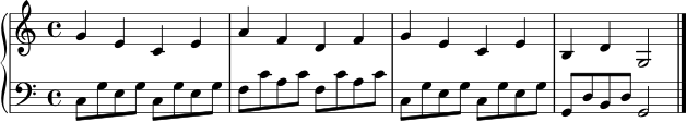 
\new PianoStaff <<
  \new Staff \relative c'' { \key c \major \time 4/4 g4 e c e | a4 f d f | g4 e c e | b4 d g,2 | \bar "|." }
  \new Staff \relative c { \clef bass \key c \major \time 4/4 c8 g' e g c, g' e g | f c' a c f, c' a c | c, g' e g c, g' e g | g, d' b d g,2 | \bar "|." }
>>
