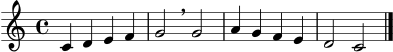 \version "2.22.1"
melodie = \relative c' {
\clef treble
\key c \major
\time 4/4
c4 d e f | g2 \breathe g |
a4 g f e | d2 c \bar "|."
}
text = \lyricmode {
Sing -- e die Fra -- ge, at -- me dann kurz,
ant -- wort -- e ru -- hig und komm zum Schluss.
}
\score {
<<
\new Staff = "mel" \melodie
\new Lyrics \lyricsto "mel" \text
>>
\layout { }
\midi { \tempo 4 = 76 }
}