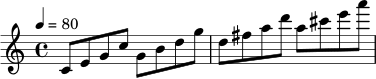 
\relative c' {
  \clef treble
  \time 4/4
  \tempo 4 = 80
  c8 e g c
  g8 b d g
  d8 fis a d
  a8 cis e a
}
