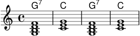\version "2.24.0"
\header { tagline = ##f }
\score {
<<
\new ChordNames \chordmode {
g1:7
c
g:7
c
}
\new Staff \relative c' {
\clef treble
<g b d f>1
<c e g>1
<g b d f>1
<c e g>1
}
>>
\layout { }
\midi { \tempo 4 = 66 }
}