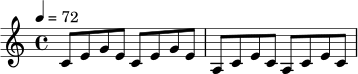 \relative c' {
\clef treble
\key c \major
\time 4/4
\tempo 4 = 72
c8 e g e c e g e |
a,8 c e c a c e c |
}