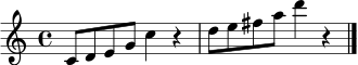 \relative c' { \time 4/4 c8 d e g c4 r4 | d8 e fis a d4 r4 \bar "|." }