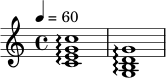 
\relative c' {
  \clef treble
  \key c \major
  \time 4/4
  \tempo 4 = 60
  <c e g c>1\arpeggio
  <g b d g>1\arpeggio
}
