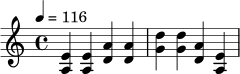 
\relative c' {
  \time 4/4
  \tempo 4 = 116
  <a e'>4 <a e'> <d a'> <d a'> |
  <g d'>4 <g d'> <d a'> <a e'> |
}
