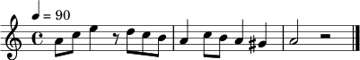 \relative c'' { \key a \minor \time 4/4 \tempo 4 = 90 a8 c e4 r8 d c b a4 c8 b a4 gis a2 r2 \bar "|." }