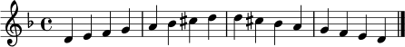 \relative c' { \clef treble \key d \minor \time 4/4 d4 e f g | a bes cis d | d cis bes a | g f e d \bar "|." }