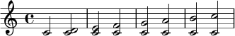 {
\clef treble
\time 4/4
c'2 <c' d'> | <c' e'> <c' f'> | <c' g'> <c' a'> | <c' b'> <c' c''> |
}