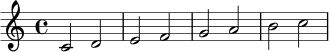 \relative c' { \clef treble \key c \major \time 4/4 c2 d | e f | g a | b c | }