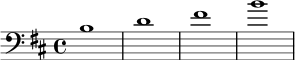 \relative b {
\clef bass
\key b \minor
\time 4/4
b1 | d | fis | b |
}
