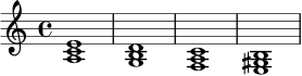 \relative c' {
\key a \minor
\time 4/4
<a c e>1 |
<g b d>1 |
<f a c>1 |
<e gis b>1 |
}