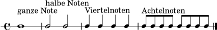 \version "2.24.0"
\header { tagline = ##f }
\score {
\new RhythmicStaff {
\time 4/4
c1^\markup { "ganze Note" } |
c2^\markup { "halbe Noten" } c2 |
c4^\markup { "Viertelnoten" } c4 c4 c4 |
c8^\markup { "Achtelnoten" } c8 c8 c8 c8 c8 c8 c8 |
\bar "|."
}
\layout { ragged-right = ##t }
\midi { \tempo 4 = 72 }
}