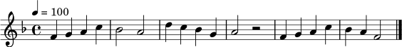 \relative c' {
\key f \major
\time 4/4
\tempo 4 = 100
f4 g a c | bes2 a | d4 c bes g | a2 r2 | f4 g a c | bes a f2 \bar "|."
}