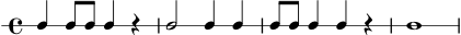 
\score {
  \new RhythmicStaff {
    \time 4/4
    c4 c8 c c4 r4 | c2 c4 c | c8 c c4 c4 r4 | c1 |
  }
  \layout { }
  \midi { \tempo 4 = 92 }
}
