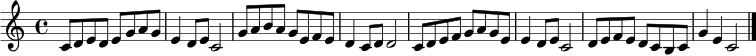 \relative c' {
\clef treble
\key c \major
\time 4/4
c8 d e d e g a g | e4 d8 e c2 | g'8 a b a g e f e | d4 c8 d d2 |
c8 d e f g a g e | e4 d8 e c2 | d8 e f e d c b c | g'4 e c2 \bar "|."
}