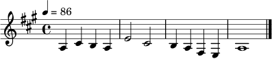 
\relative c' {
  \key a \major
  \time 4/4
  \tempo 4 = 86
  a4 cis b a | e'2 cis | b4 a fis e | a1 \bar "|."
}
