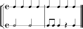 \new StaffGroup <<
\new RhythmicStaff { \time 4/4 c4 c4 c4 c4 | c4 c4 c4 c4 \bar "|." }
\new RhythmicStaff { \time 4/4 c2 c2 | c8 c8 c4 r4 c4 \bar "|." }
>>
