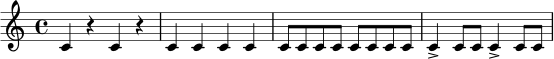 \relative c' {
\time 4/4
c4 r c r | c4 c c c | c8 c c c c c c c | c4-> c8 c c4-> c8 c
}