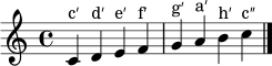 { \clef treble c'4^\markup { "c′" } d'^\markup { "d′" } e'^\markup { "e′" } f'^\markup { "f′" } | g'^\markup { "g′" } a'^\markup { "a′" } b'^\markup { "h′" } c''^\markup { "c″" } \bar "|." }