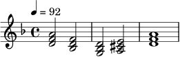 \relative c' {
\key d \minor
\time 4/4
\tempo 4 = 92
<d f a>2 <bes d f> |
<g bes d>2 <a cis e> |
<d f a>1 |
}