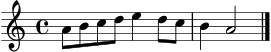 \score {
\new Staff {
\clef treble
\key a \minor
\time 4/4
a'8 b' c'' d'' e''4 d''8 c'' b'4 a'2 \bar "|."
}
\layout { }
\midi { \tempo 4 = 88 }
}