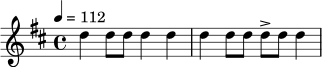 \relative c'' {
\time 4/4
\key d \major
\tempo 4 = 112
d4 d8 d d4 d |
d4 d8 d d8-> d d4 |
}