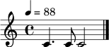 \relative c' {
\clef treble
\time 4/4
\tempo 4 = 88
c4. c8 c2 \bar "|."
}
