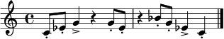 
\relative c' {
  \time 4/4
  c8-. ees-. g4-> r4 g8-. ees-. |
  r4 bes'8-. g-. ees4-> c4-. |
  \bar "|."
}

