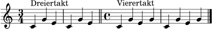 \version "2.24.0"
\header { tagline = ##f }
\score {
\new Staff {
\key c \major
\time 3/4
c'4^\markup { "Dreiertakt" } g' e' | c' g' e' \bar "||"
\time 4/4
c'4^\markup { "Vierertakt" } g' e' g' | c' g' e' g' \bar "|."
}
\layout { }
\midi { \tempo 4 = 100 }
}