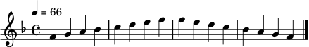 \relative f' {
\clef treble
\key f \major
\time 4/4
\tempo 4 = 66
f4 g a bes |
c d e f |
f e d c |
bes a g f \bar "|."
}